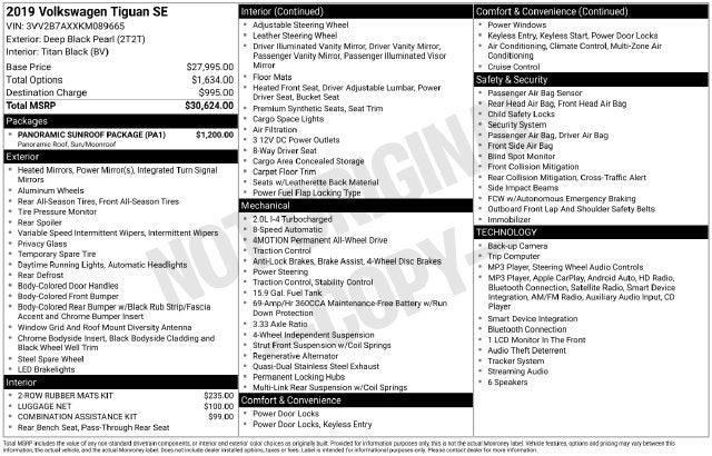 2019 Volkswagen Tiguan 2.0T SE W/ HEATED SEATS 4Motion